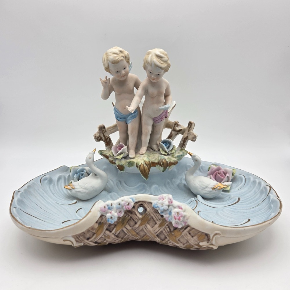 Vintage Baroque Porcelain Putti Centerpiece Planter With Cherubs Swans & Flowers - Picture 1 of 16
